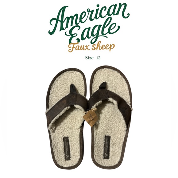 🦅 American Eagle men’s NWT faux sheep fur lined  flip flops size 12 - Picture 1 of 4
